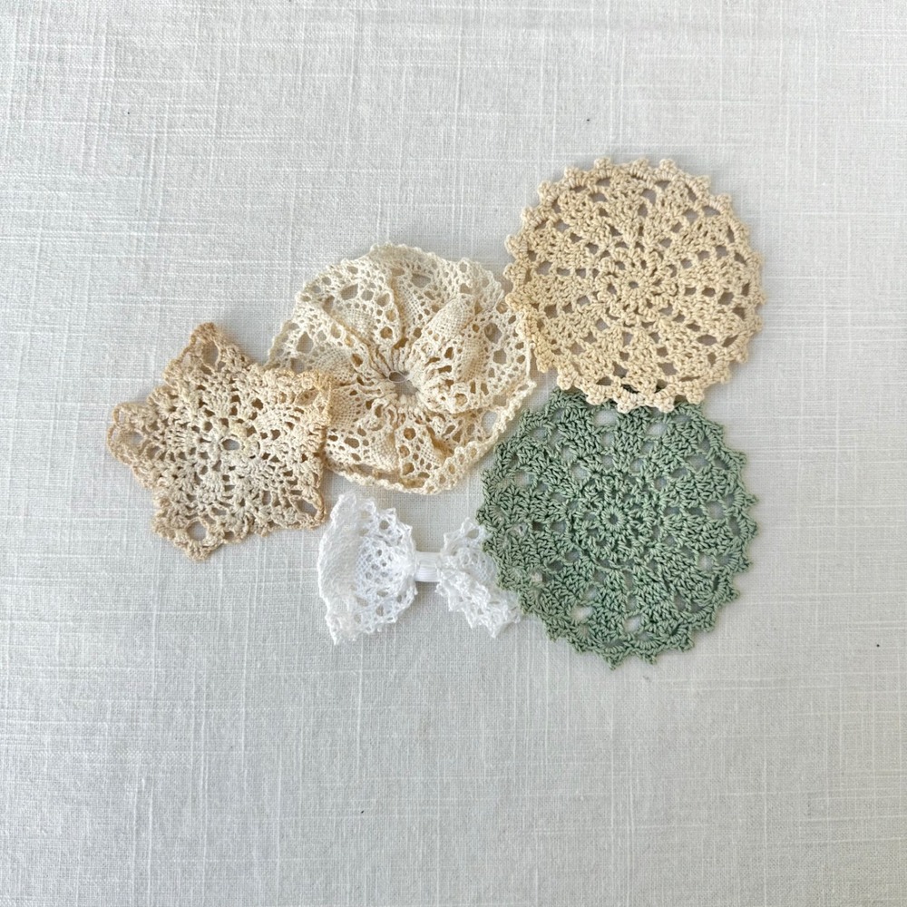 Vintage Crochet Doily Lot Handmade Lace Appliqués Mini Doilies Sage Cream 5pc